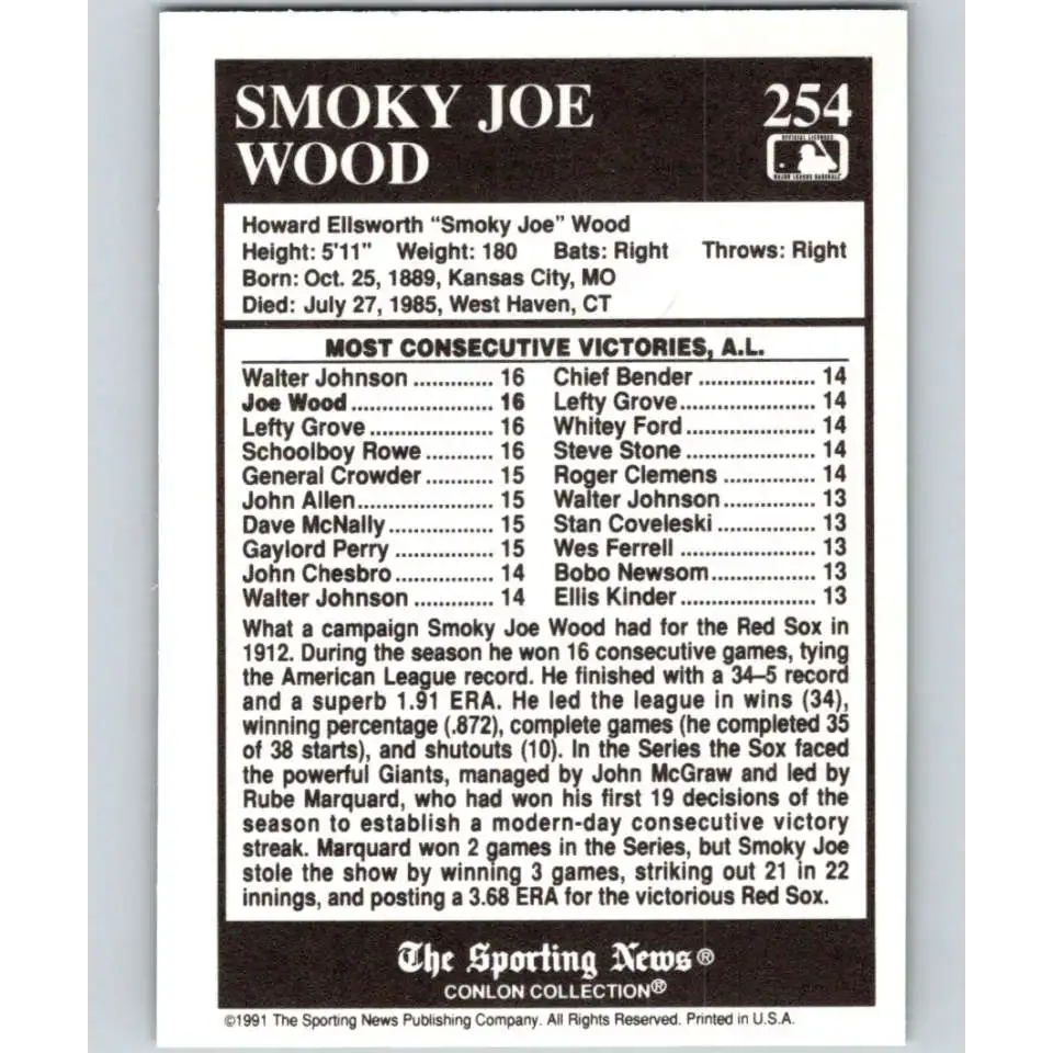 1991 Conlon Collection #254 Smoky Joe Wood EX Excellent Boston Red Sox Baseball Card - Baseball Card Single