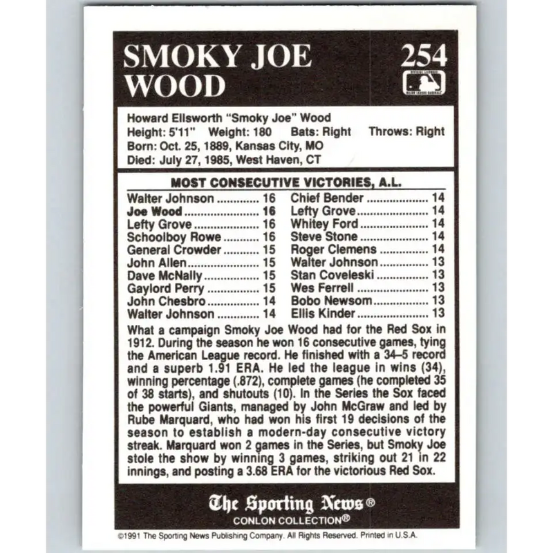 1991 Conlon Collection #254 Smoky Joe Wood EX Excellent Boston Red Sox Baseball Card - Baseball Card Single