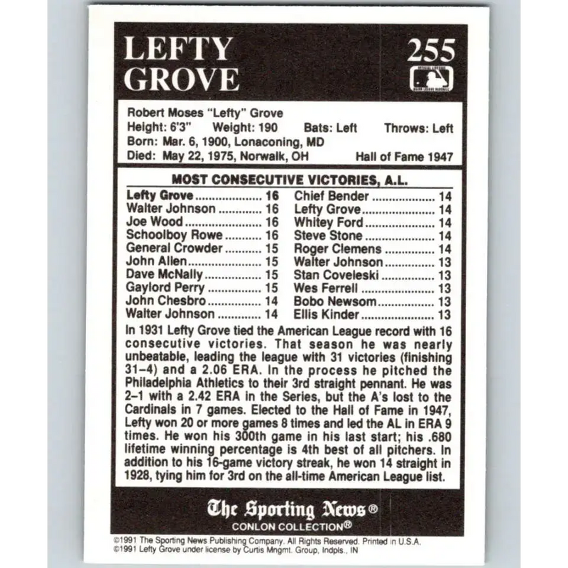 1991 Conlon Collection #255 Lefty Grove EX Excellent Philadelphia Athletics Baseball Card - Baseball Card Single