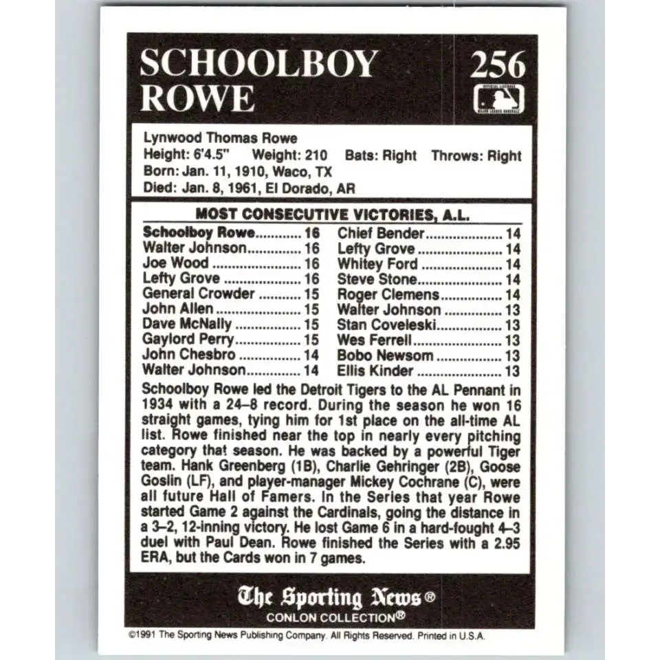 1991 Conlon Collection #256 Schoolboy Rowe EX Excellent Detroit Tigers Baseball Card - Baseball Card Single