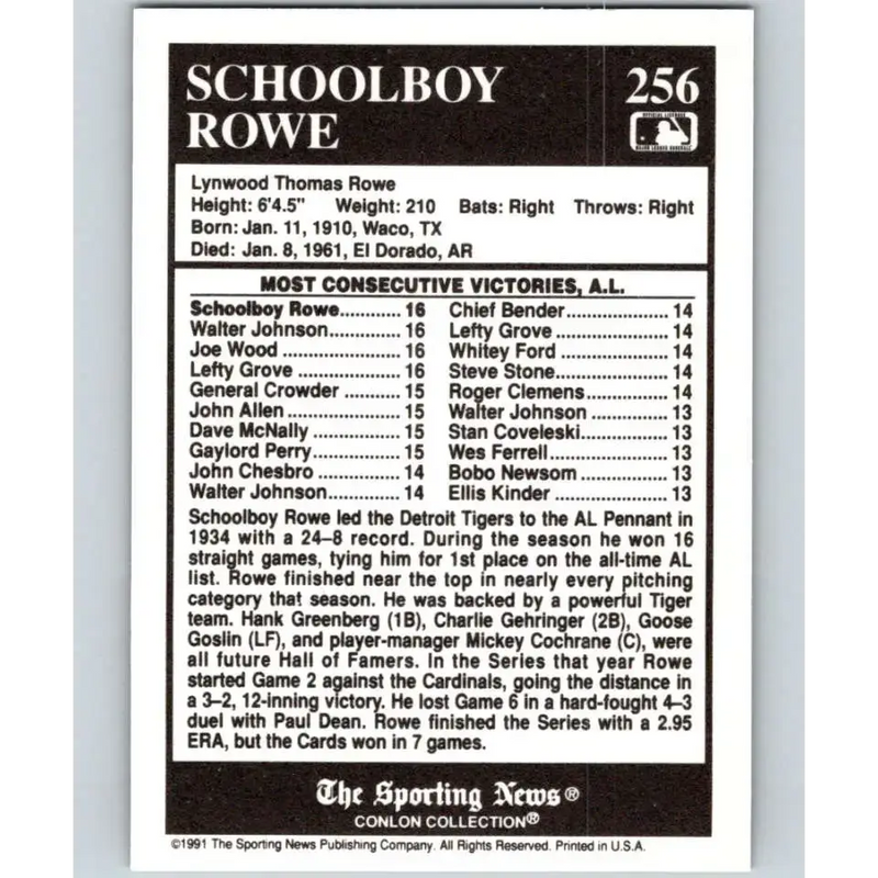 1991 Conlon Collection #256 Schoolboy Rowe EX Excellent Detroit Tigers Baseball Card - Baseball Card Single