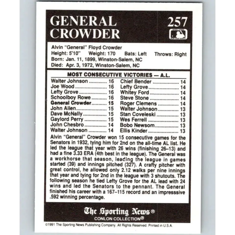 1991 Conlon Collection #257 General Crowder EX Excellent Washington Senators Baseball Card - Baseball Card Single
