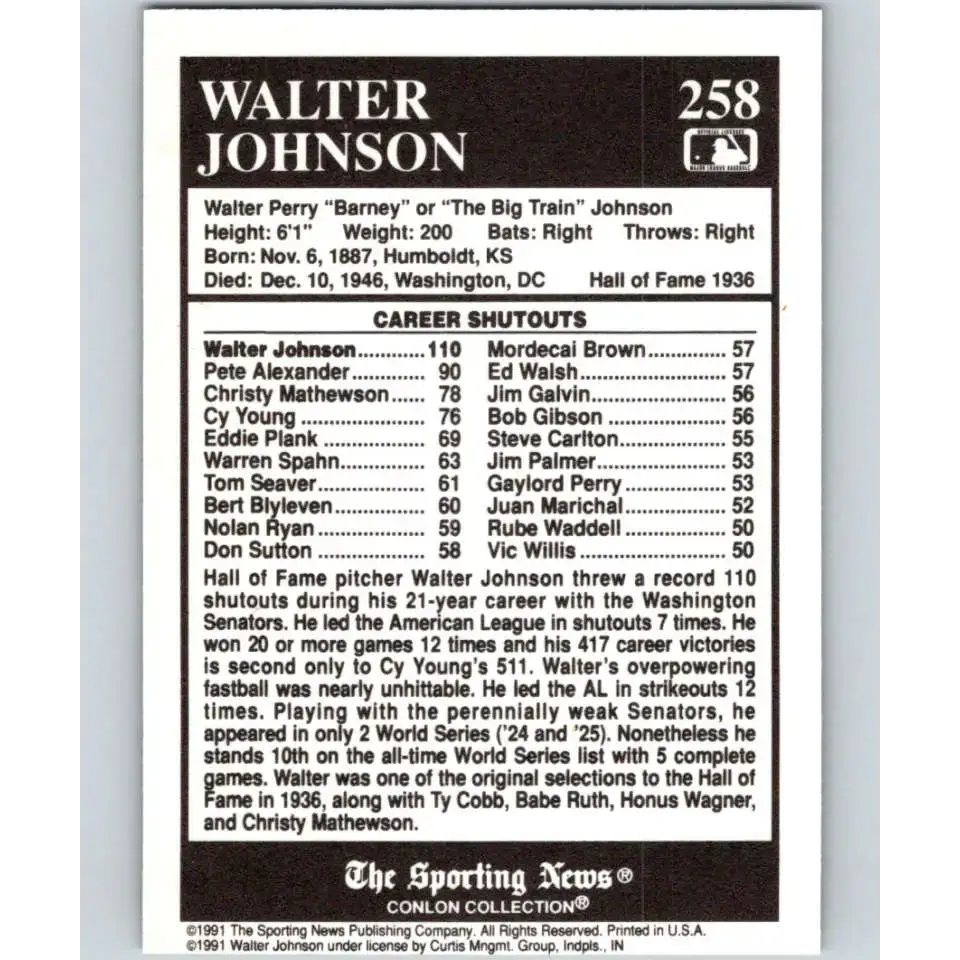 1991 Conlon Collection #258 Walter Johnson EX Excellent Washington Senators Baseball Card - Baseball Card Single