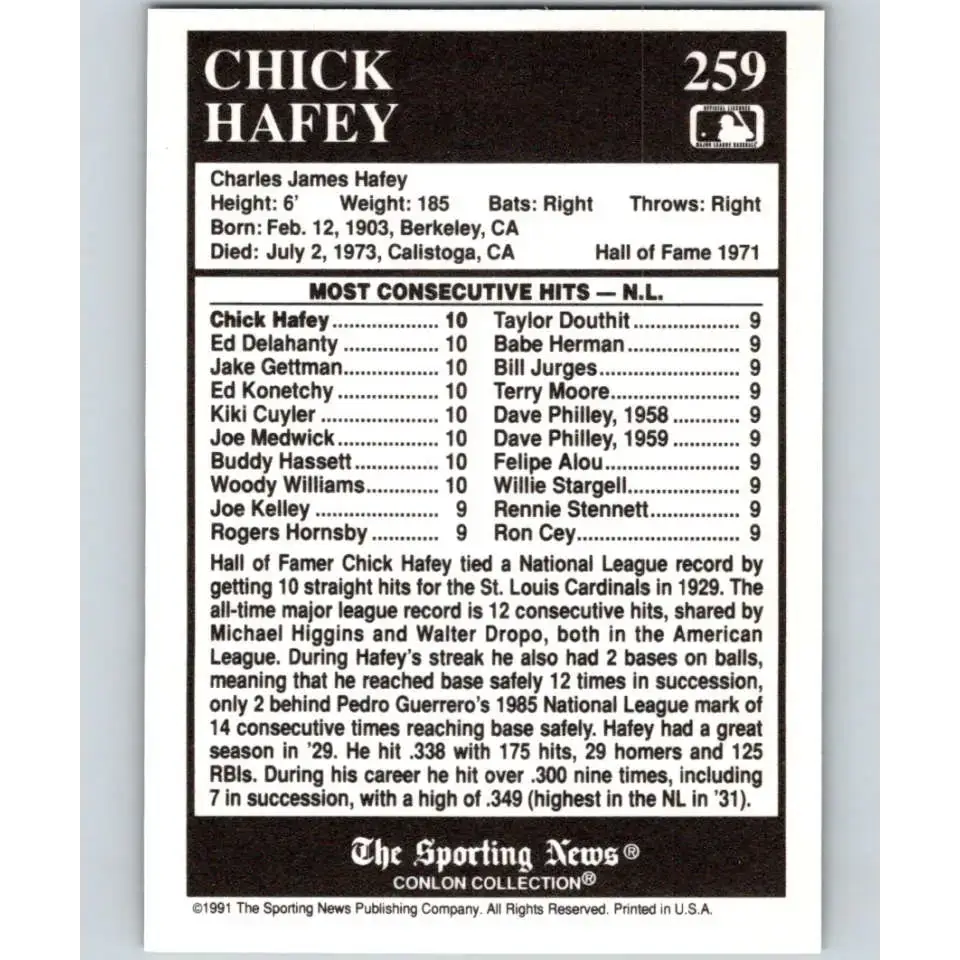 1991 Conlon Collection #259 Chick Hafey EX Excellent St. Louis Cardinals Baseball Card - Baseball Card Single