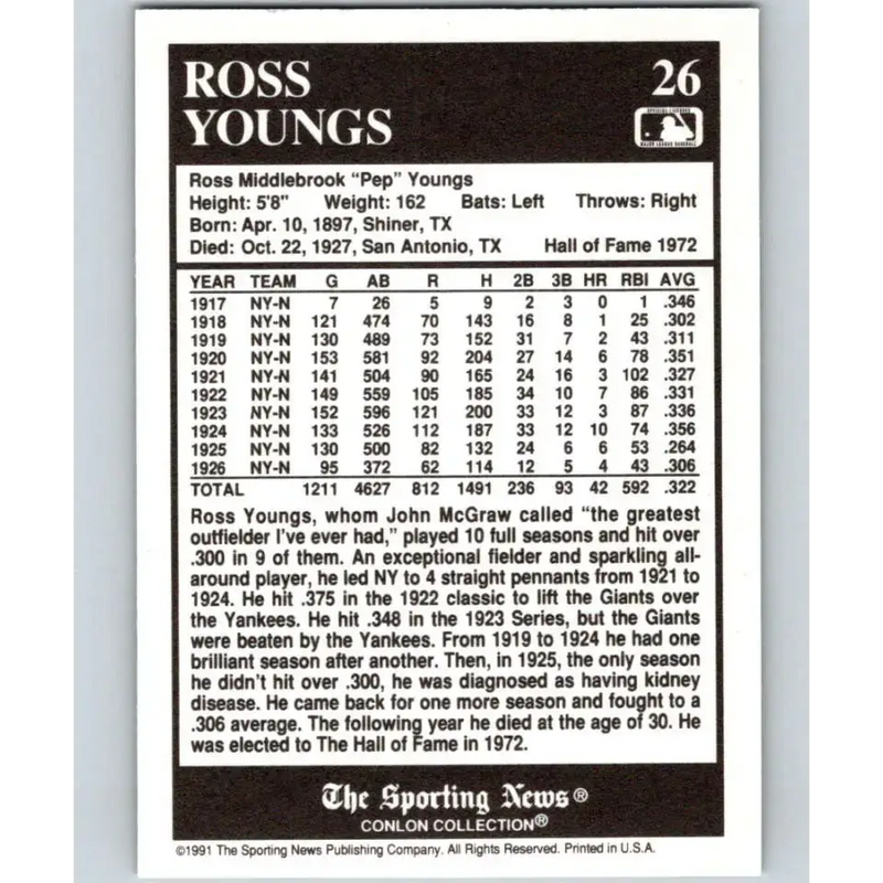 1991 Conlon Collection #26 Ross Youngs EX Excellent New York Giants Baseball Card - Baseball Card Single