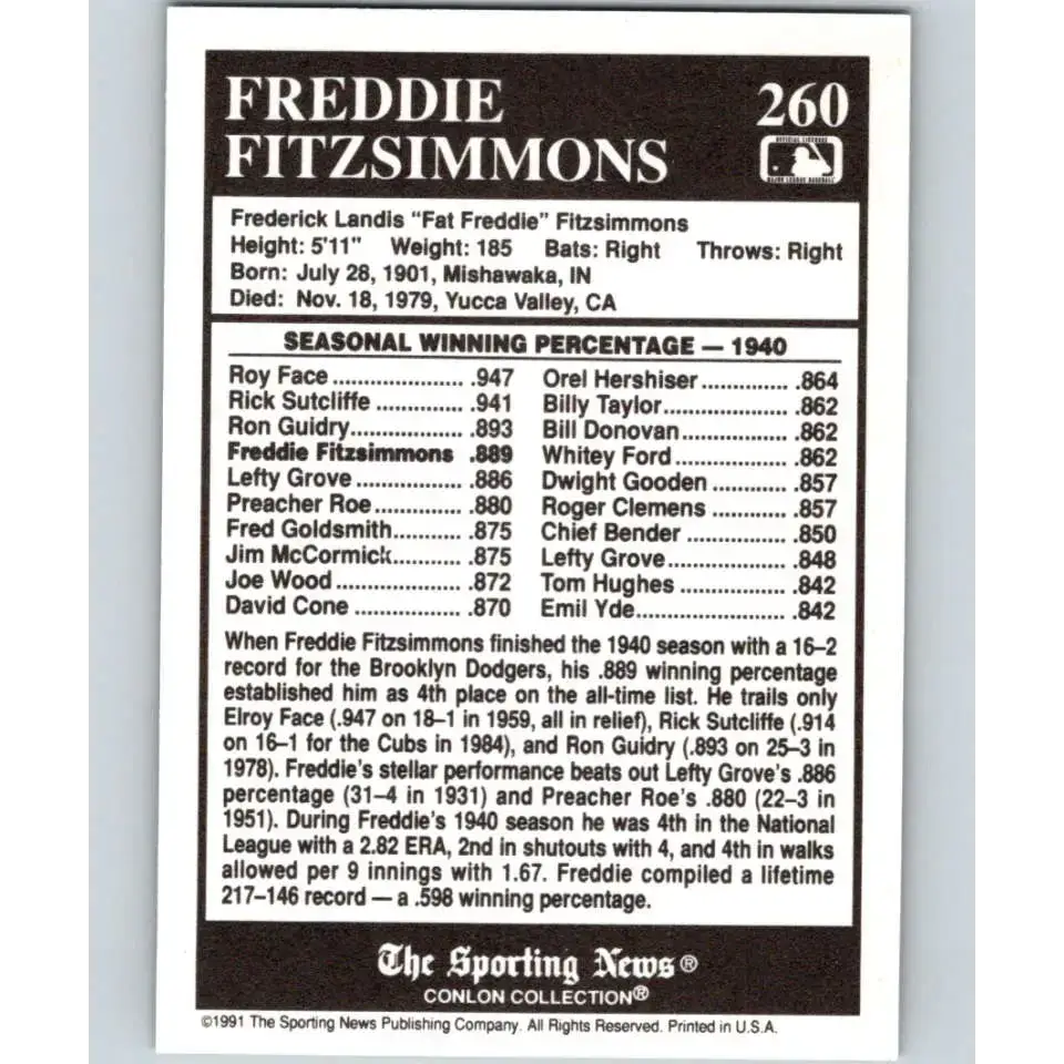 1991 Conlon Collection #260 Freddie Fitzsimmons EX Excellent New York Giants Baseball Card - Baseball Card Single