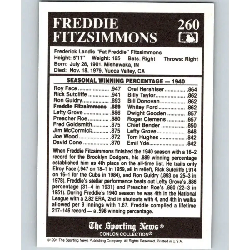 1991 Conlon Collection #260 Freddie Fitzsimmons EX Excellent New York Giants Baseball Card - Baseball Card Single