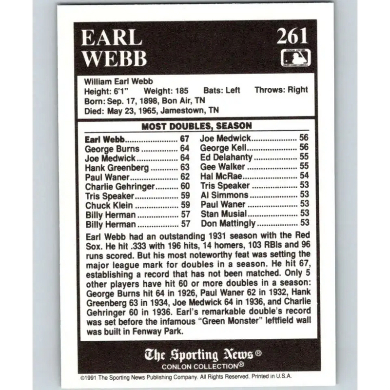 1991 Conlon Collection #261 Earl Webb EX Excellent Boston Red Sox Baseball Card - Baseball Card Single