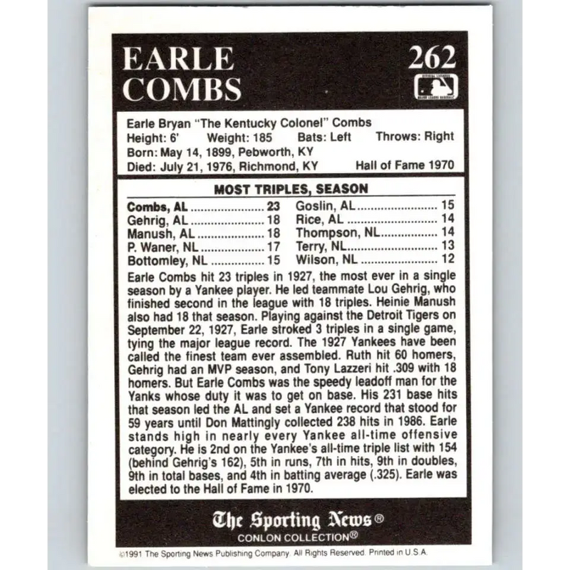 1991 Conlon Collection #262 Earle Combs EX Excellent New York Yankees Baseball Card - Baseball Card Single