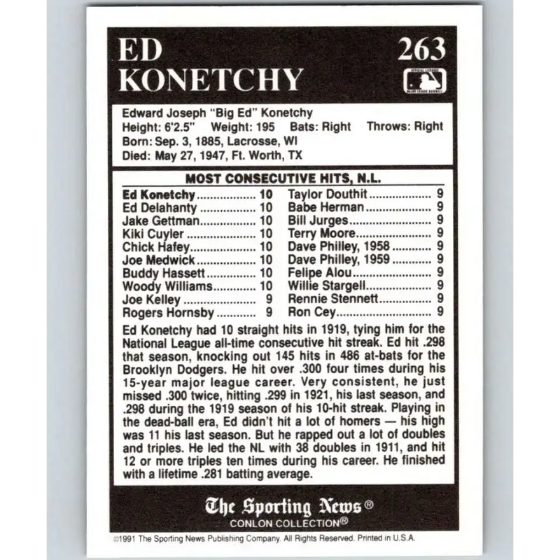 1991 Conlon Collection #263 Ed Konetchy EX Excellent Philadelphia Phillies Baseball Card - Baseball Card Single