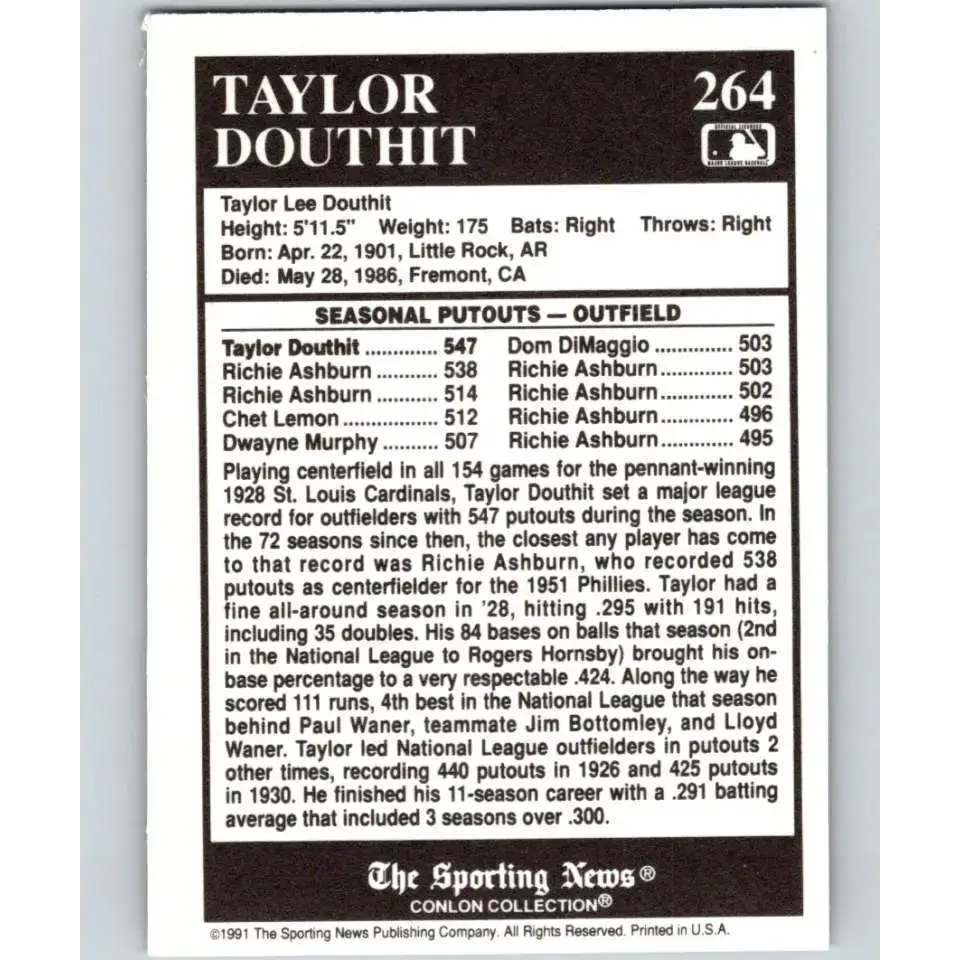 1991 Conlon Collection #264 Taylor Douthit EX Excellent St. Louis Cardinals Baseball Card - Baseball Card Single