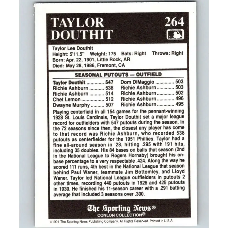 1991 Conlon Collection #264 Taylor Douthit EX Excellent St. Louis Cardinals Baseball Card - Baseball Card Single