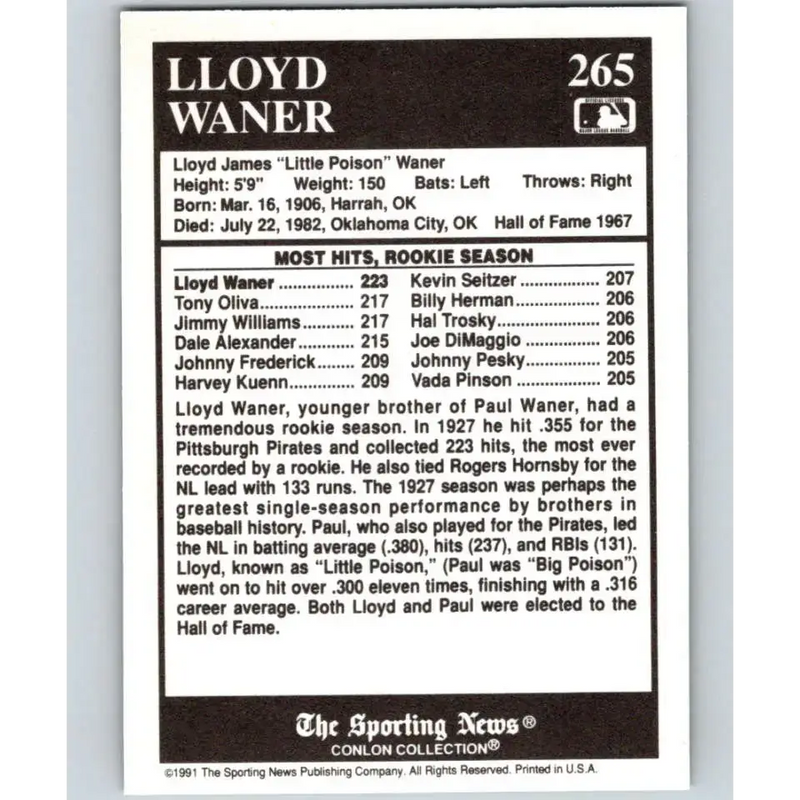 1991 Conlon Collection #265 Lloyd Waner EX Excellent Pittsburgh Pirates Baseball Card - Baseball Card Single