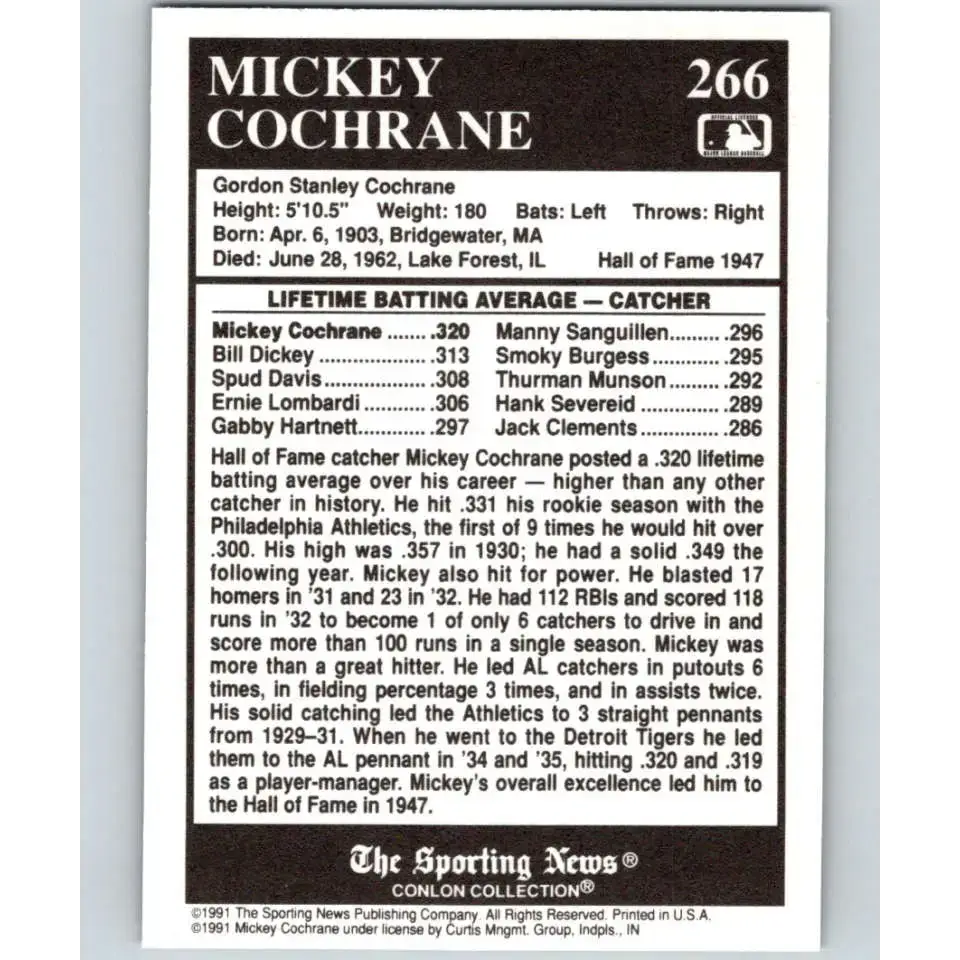 1991 Conlon Collection #266 Mickey Cochrane EX Excellent Detroit Tigers Baseball Card - Baseball Card Single