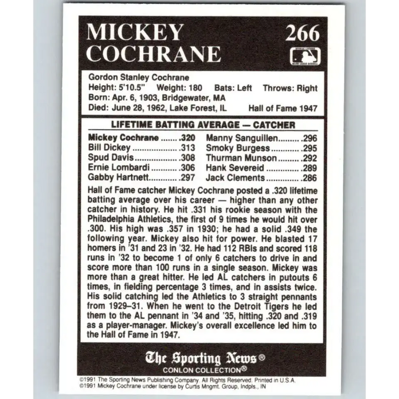 1991 Conlon Collection #266 Mickey Cochrane EX Excellent Detroit Tigers Baseball Card - Baseball Card Single