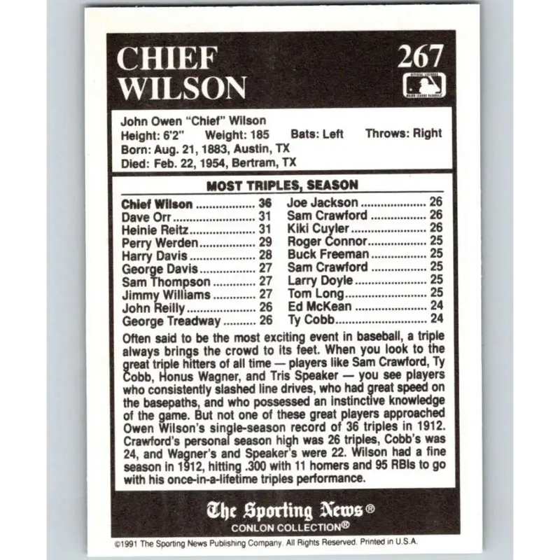 1991 Conlon Collection #267 Chief Wilson EX Excellent Pittsburgh Pirates Baseball Card - Baseball Card Single
