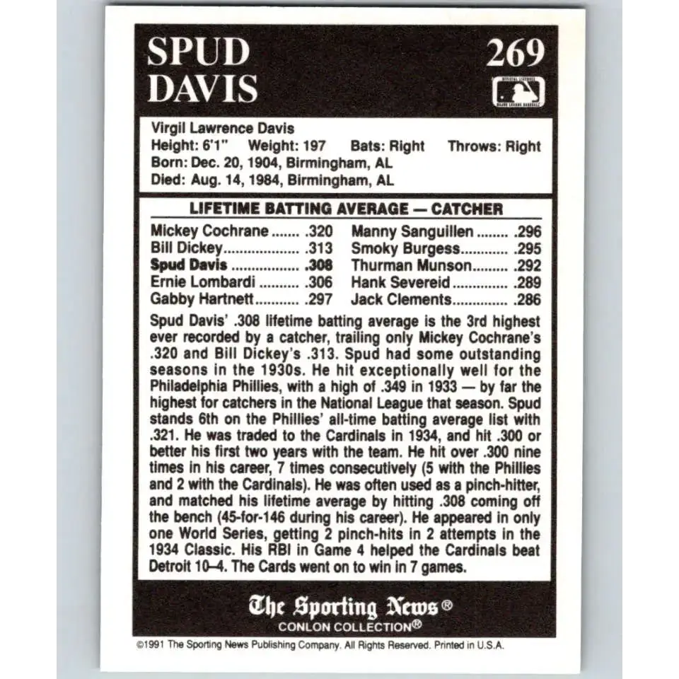 1991 Conlon Collection #269 Spud Davis EX Excellent St. Louis Cardinals Baseball Card - Baseball Card Single