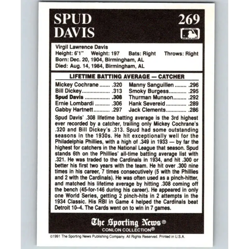 1991 Conlon Collection #269 Spud Davis EX Excellent St. Louis Cardinals Baseball Card - Baseball Card Single