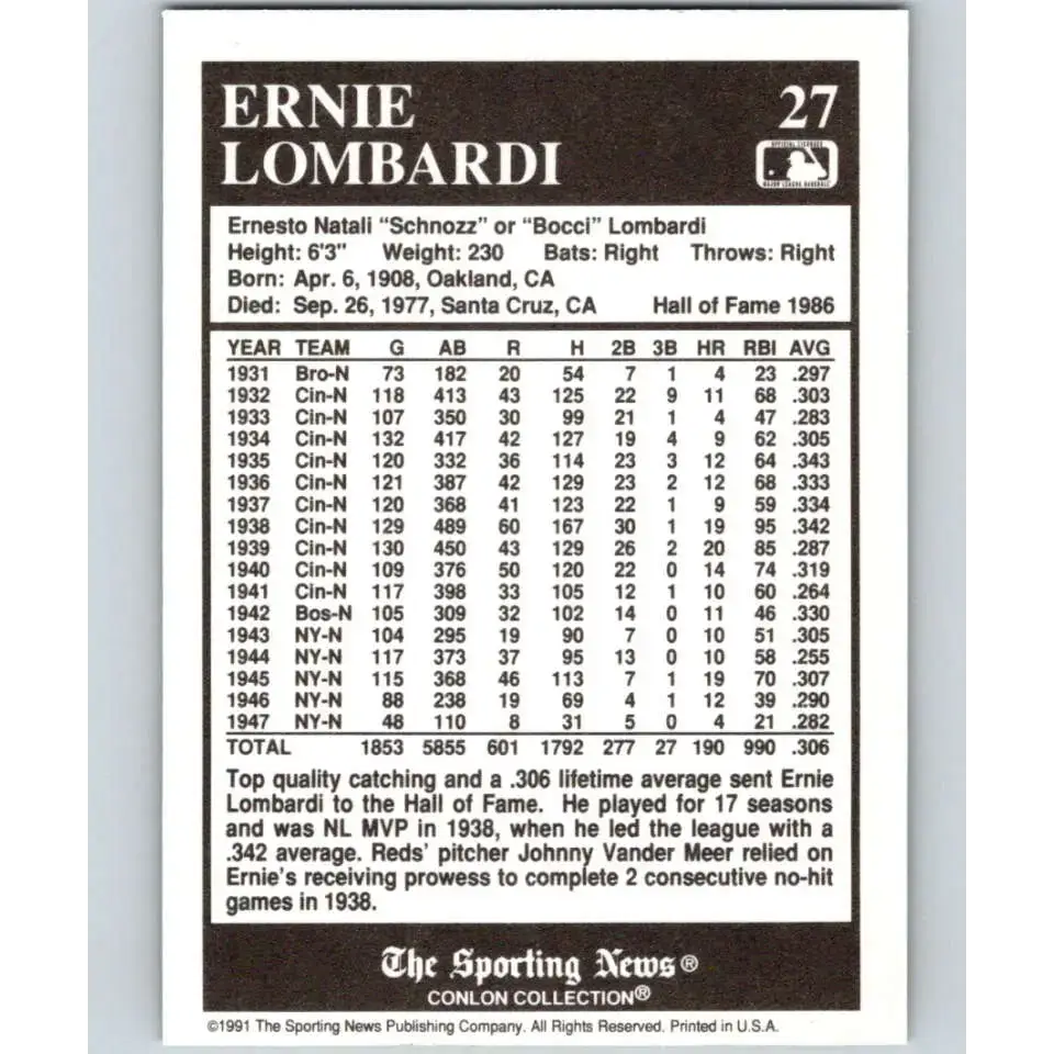 1991 Conlon Collection #27 Ernie Lombardi EX Excellent Cincinnati Reds Baseball Card - Baseball Card Single