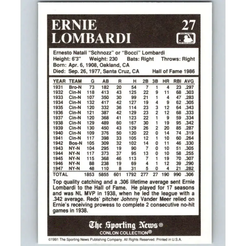 1991 Conlon Collection #27 Ernie Lombardi EX Excellent Cincinnati Reds Baseball Card - Baseball Card Single