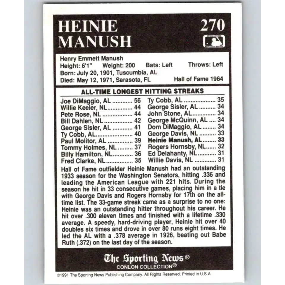 1991 Conlon Collection #270 Heinie Manush EX Excellent Washington Senators Baseball Card - Baseball Card Single