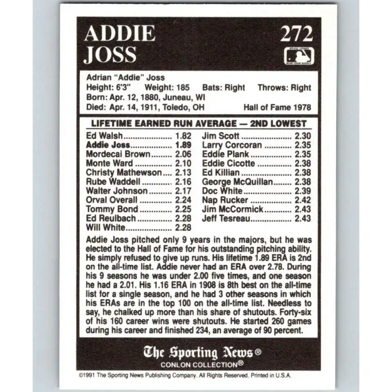 1991 Conlon Collection #272 Addie Joss EX Excellent Cleveland Indians Baseball Card - Baseball Card Single