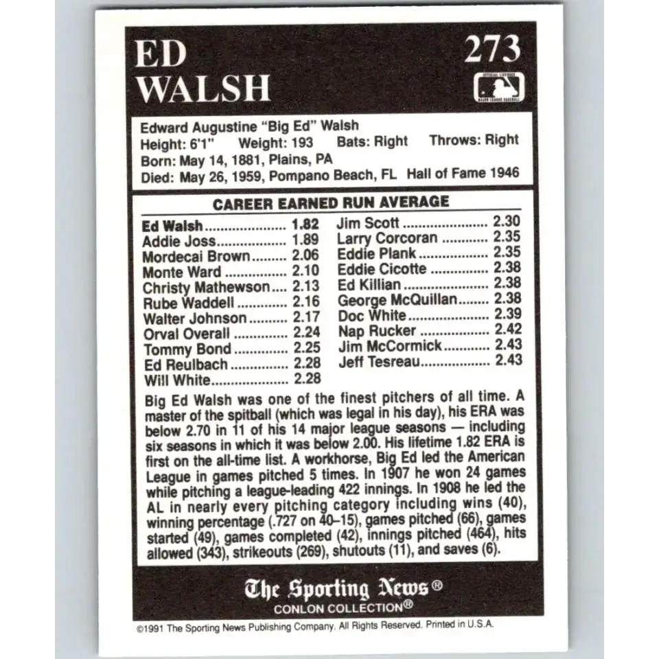 1991 Conlon Collection #273 Ed Walsh EX Excellent Chicago White Sox Baseball Card - Baseball Card Single