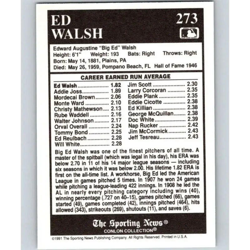 1991 Conlon Collection #273 Ed Walsh EX Excellent Chicago White Sox Baseball Card - Baseball Card Single