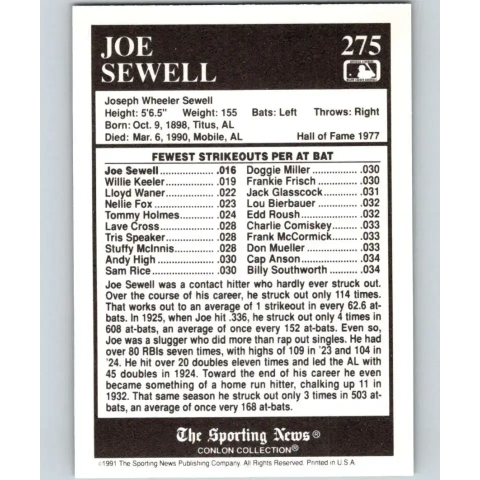 1991 Conlon Collection #275 Joe Sewell EX Excellent New York Yankees Baseball Card - Baseball Card Single
