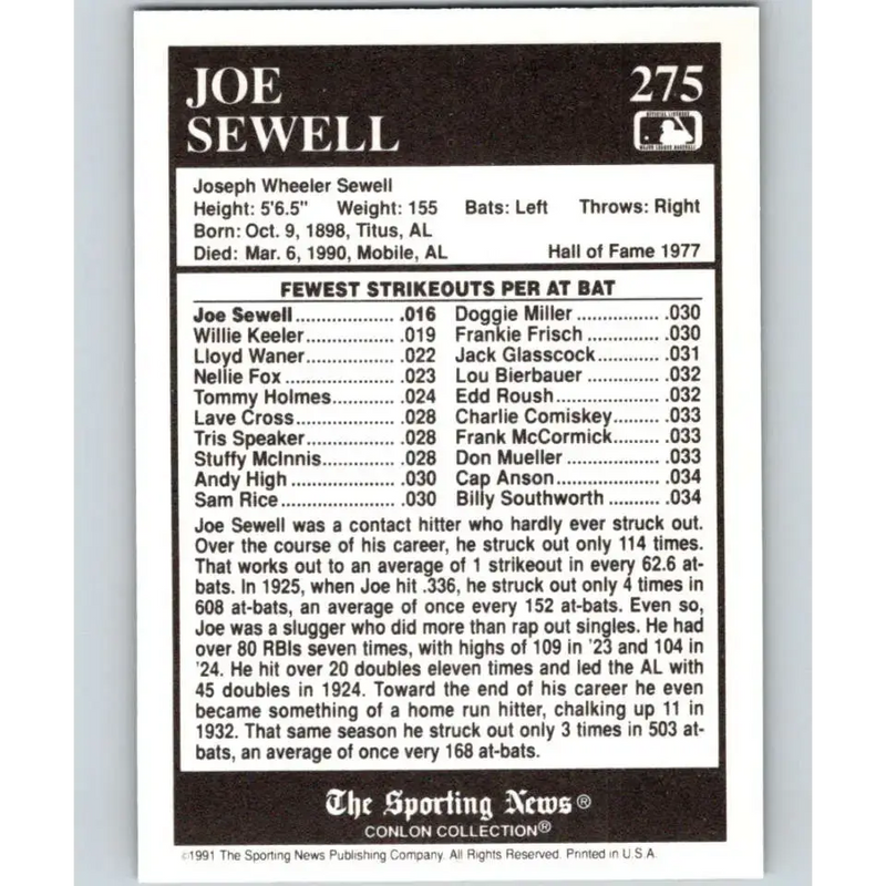 1991 Conlon Collection #275 Joe Sewell EX Excellent New York Yankees Baseball Card - Baseball Card Single