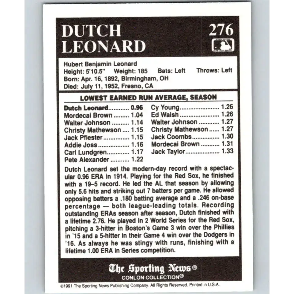 1991 Conlon Collection #276 Dutch Leonard EX Excellent Boston Red Sox Baseball Card - Baseball Card Single
