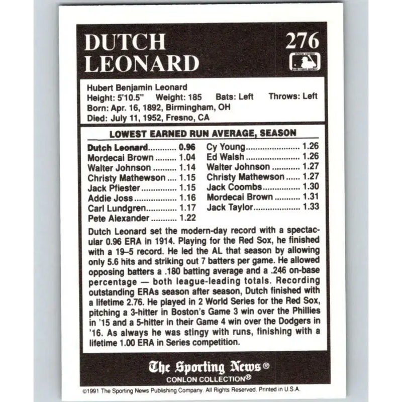 1991 Conlon Collection #276 Dutch Leonard EX Excellent Boston Red Sox Baseball Card - Baseball Card Single