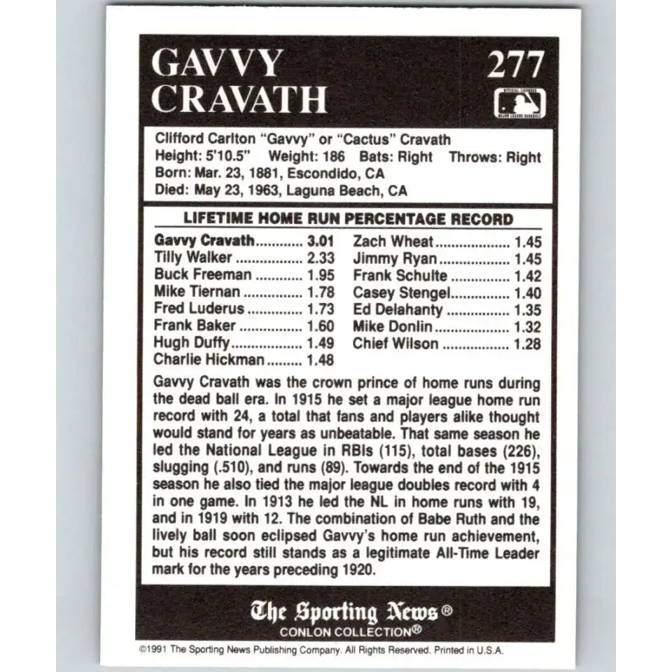 1991 Conlon Collection #277 Gavvy Cravath EX Excellent Philadelphia Phillies Baseball Card - Baseball Card Single