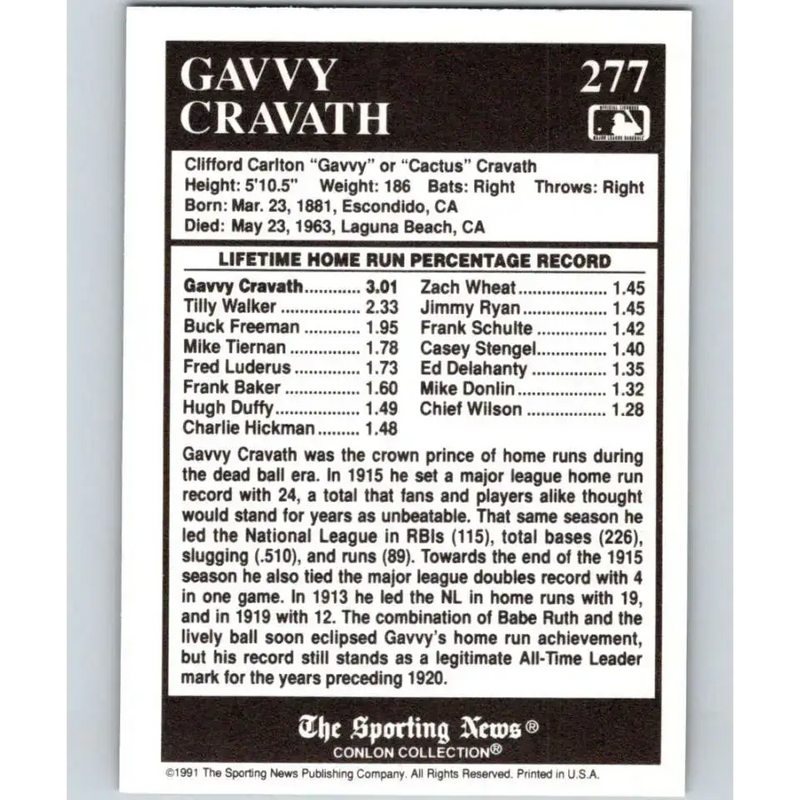 1991 Conlon Collection #277 Gavvy Cravath EX Excellent Philadelphia Phillies Baseball Card - Baseball Card Single
