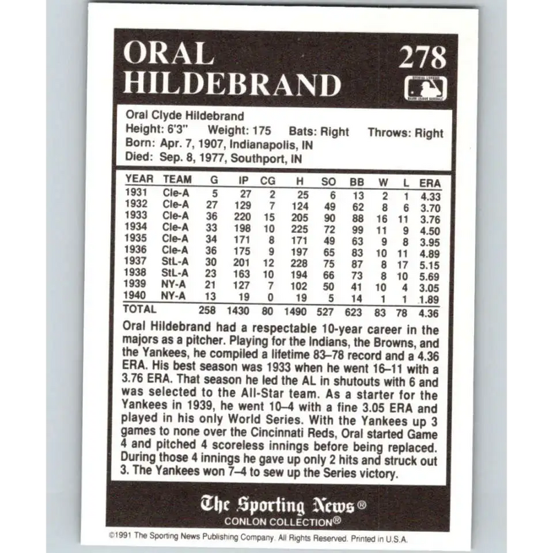 1991 Conlon Collection #278 Oral Hildebrand EX Excellent Cleveland Indians Baseball Card - Baseball Card Single