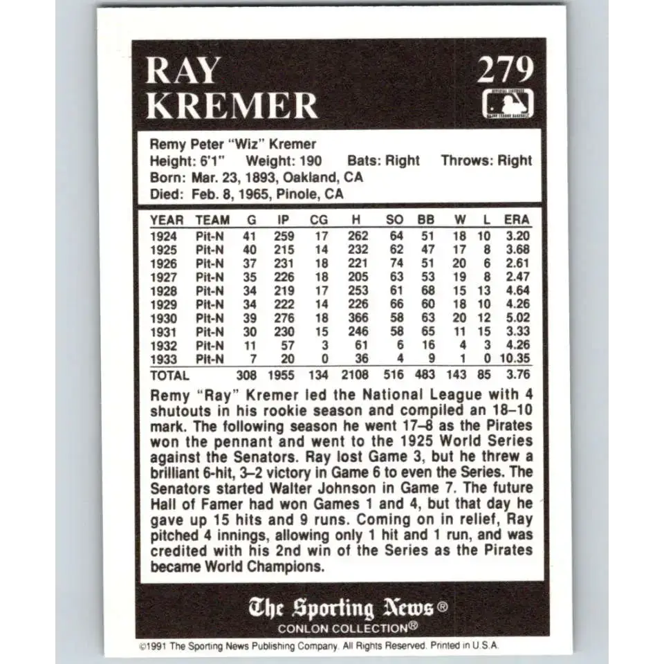 1991 Conlon Collection #279 Ray Kremer EX Excellent Pittsburgh Pirates Baseball Card - Baseball Card Single