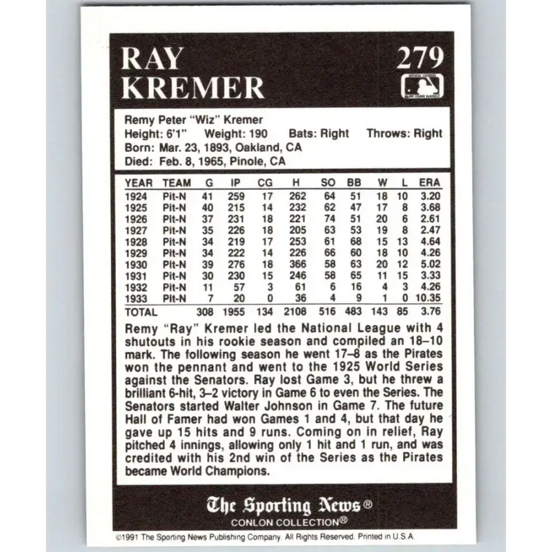 1991 Conlon Collection #279 Ray Kremer EX Excellent Pittsburgh Pirates Baseball Card - Baseball Card Single