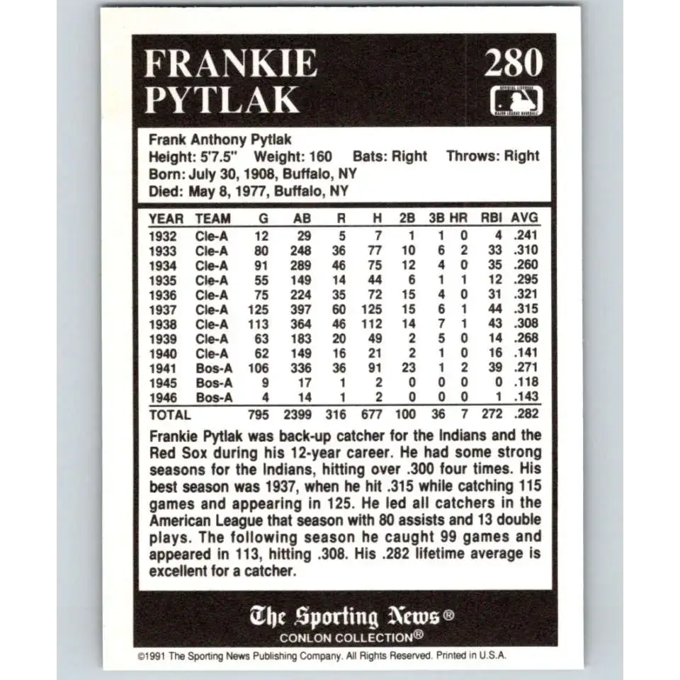 1991 Conlon Collection #280 Frankie Pytlak EX Excellent Cleveland Indians Baseball Card - Baseball Card Single