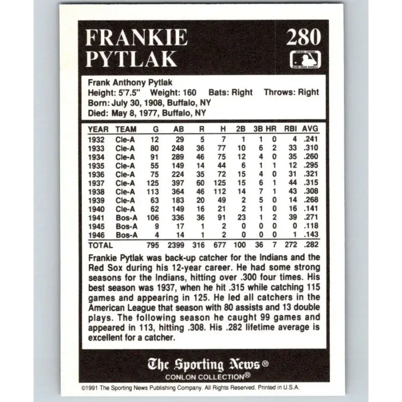 1991 Conlon Collection #280 Frankie Pytlak EX Excellent Cleveland Indians Baseball Card - Baseball Card Single