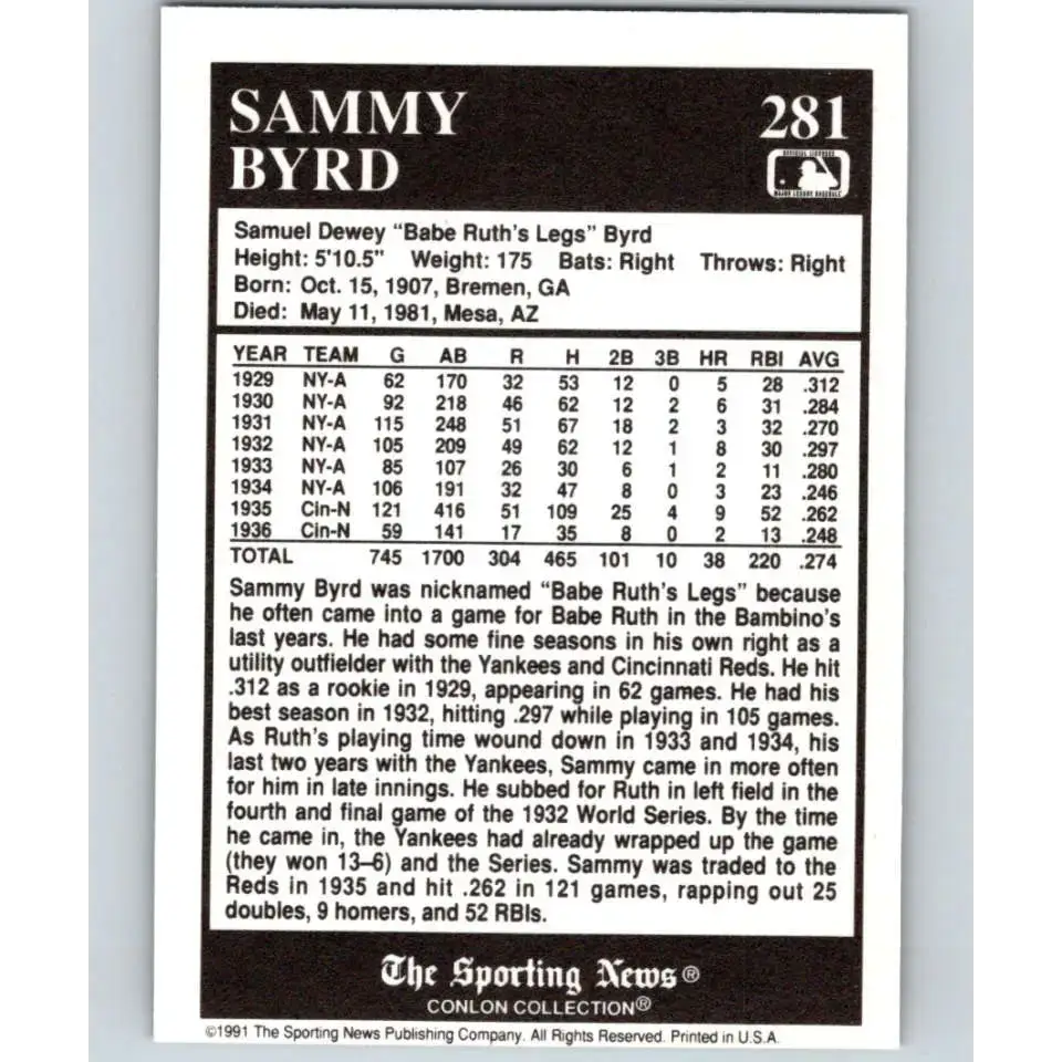 1991 Conlon Collection #281 Sammy Byrd EX Excellent Cincinnati Reds Baseball Card - Baseball Card Single