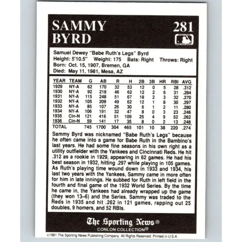 1991 Conlon Collection #281 Sammy Byrd EX Excellent Cincinnati Reds Baseball Card - Baseball Card Single