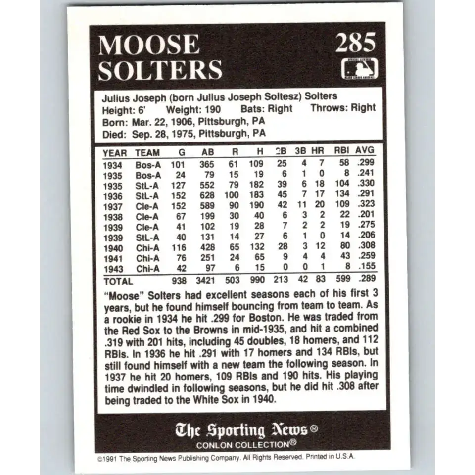 1991 Conlon Collection #285 Moose Solters EX Excellent St. Louis Browns Baseball Card - Baseball Card Single