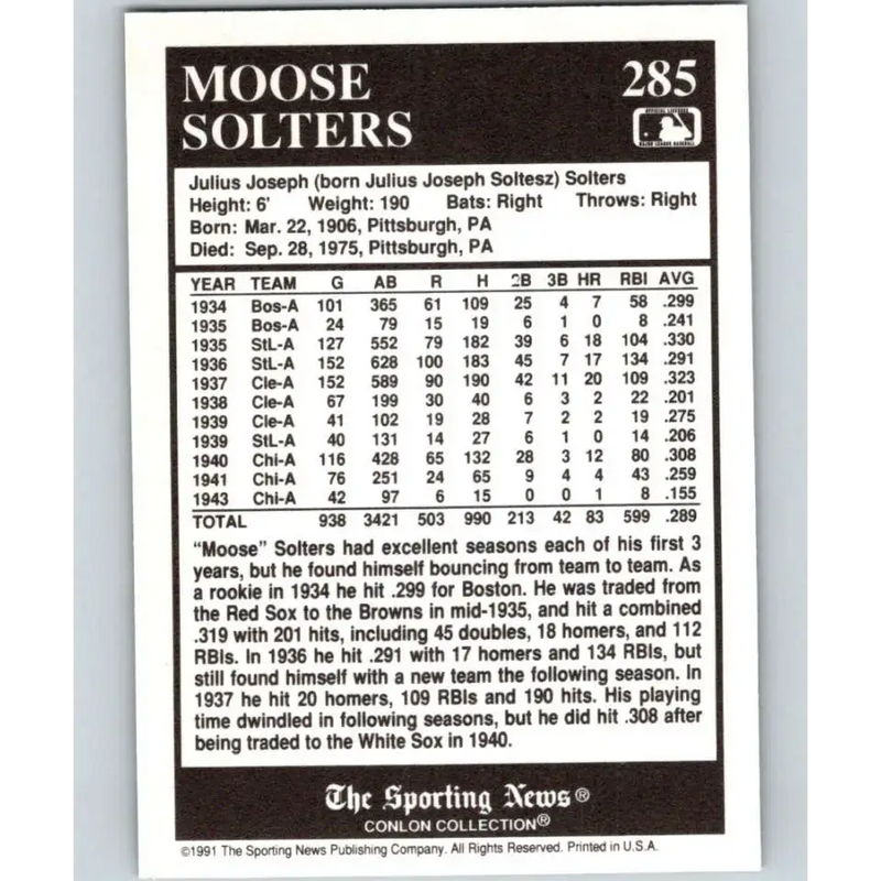 1991 Conlon Collection #285 Moose Solters EX Excellent St. Louis Browns Baseball Card - Baseball Card Single