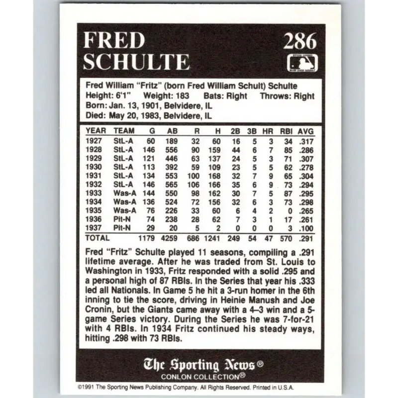 1991 Conlon Collection #286 Fred Schulte EX Excellent St. Louis Browns Baseball Card - Baseball Card Single