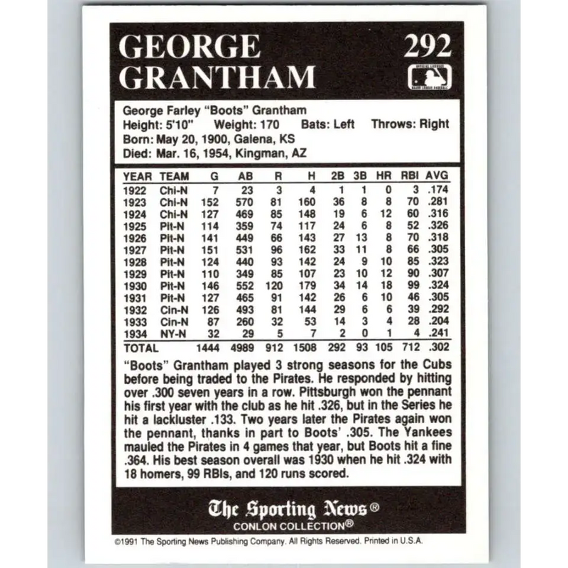 1991 Conlon Collection #292 George Grantham EX Excellent Cincinnati Reds Baseball Card - Baseball Card Single