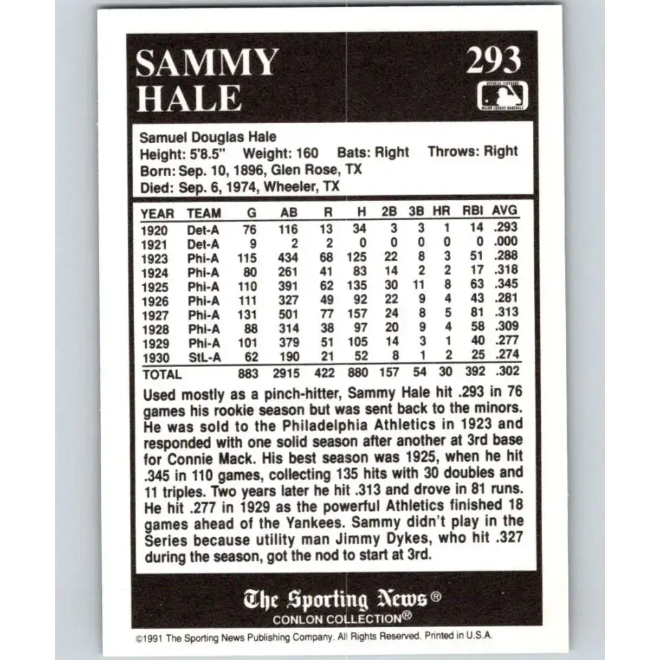 1991 Conlon Collection #293 Sammy Hale EX Excellent Philadelphia Athletics Baseball Card - Baseball Card Single