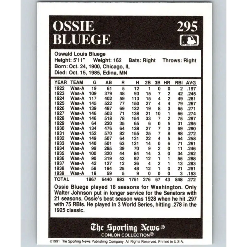 1991 Conlon Collection #295 Ossie Bluege EX Excellent Washington Senators Baseball Card - Baseball Card Single