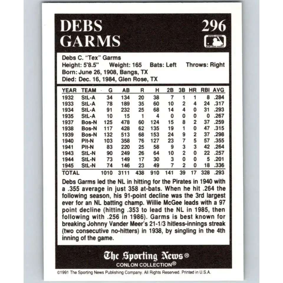 1991 Conlon Collection #296 Debs Garms EX Excellent St. Louis Browns Baseball Card - Baseball Card Single
