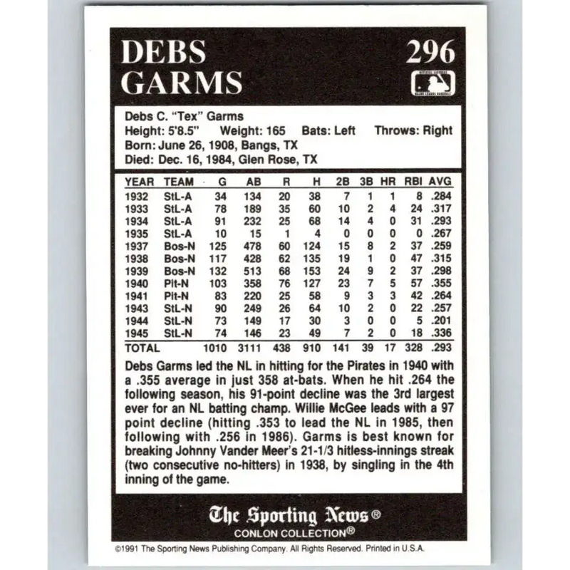 1991 Conlon Collection #296 Debs Garms EX Excellent St. Louis Browns Baseball Card - Baseball Card Single
