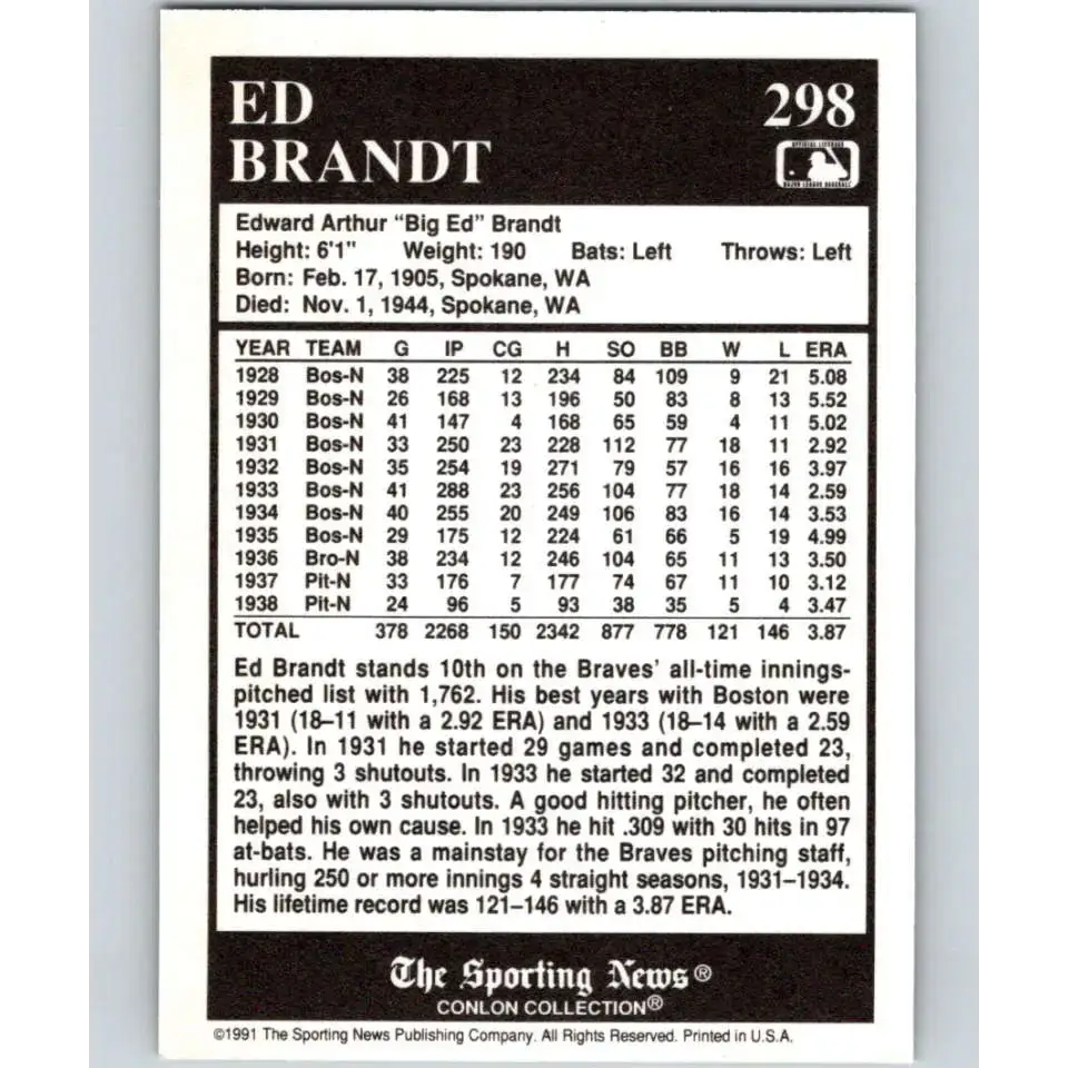 1991 Conlon Collection #298 Ed Brandt EX Excellent Boston Braves Baseball Card - Baseball Card Single